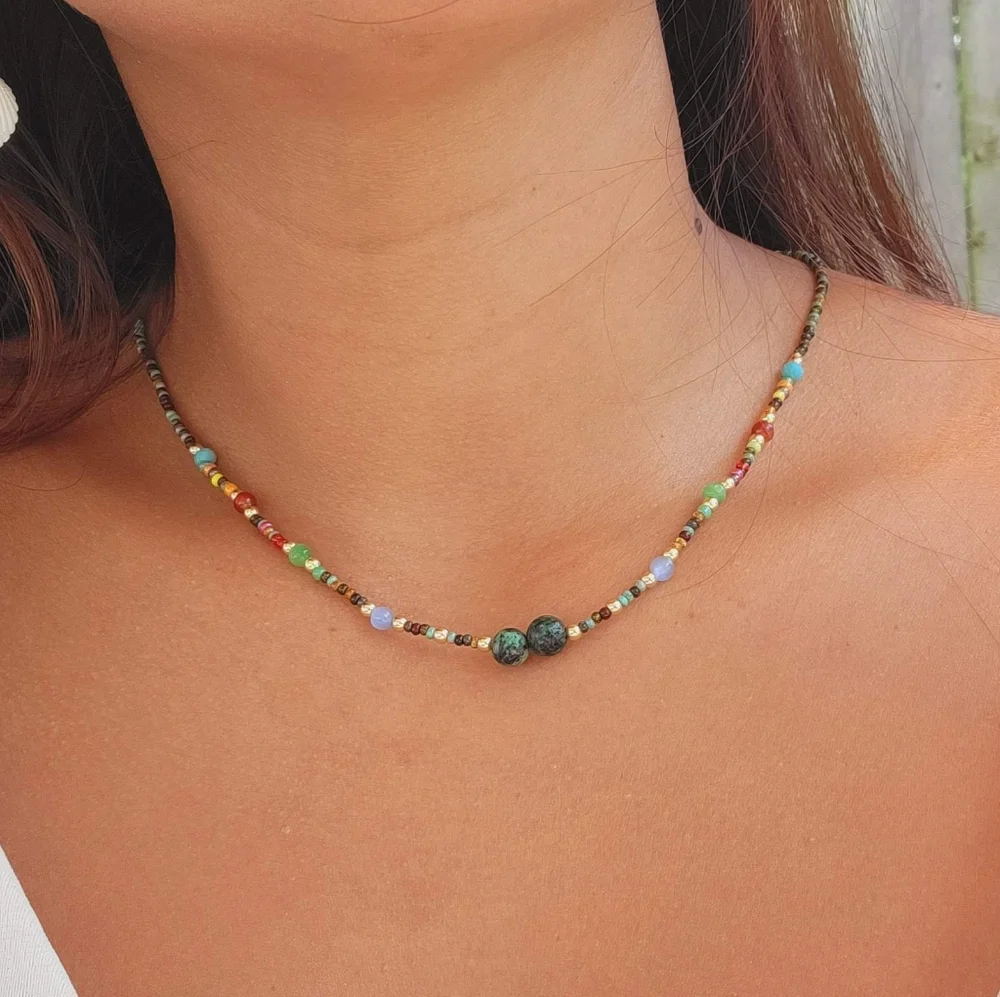 Bohemian Multicolor Picasso Jasper Seed Bead & Turquoise Necklace. - Picture 6 of 6